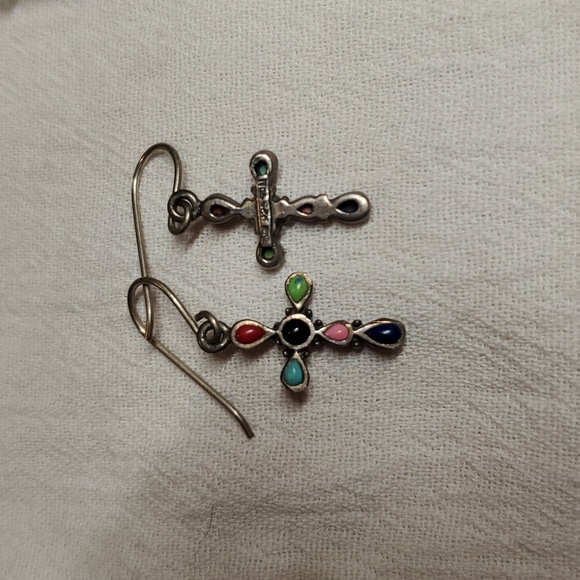 Marked 925 Sterling Silver Semi Precious Stone Cross Earrings - Picture 2 of 2